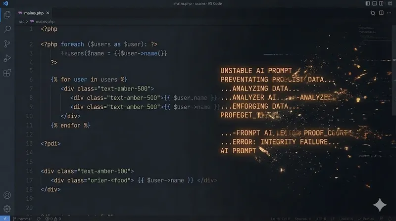 PHP code template with AI enhancement markup on a dark editor background
