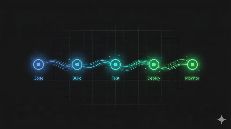 A CI/CD pipeline visualization showing code flowing through build, test, and deploy stages