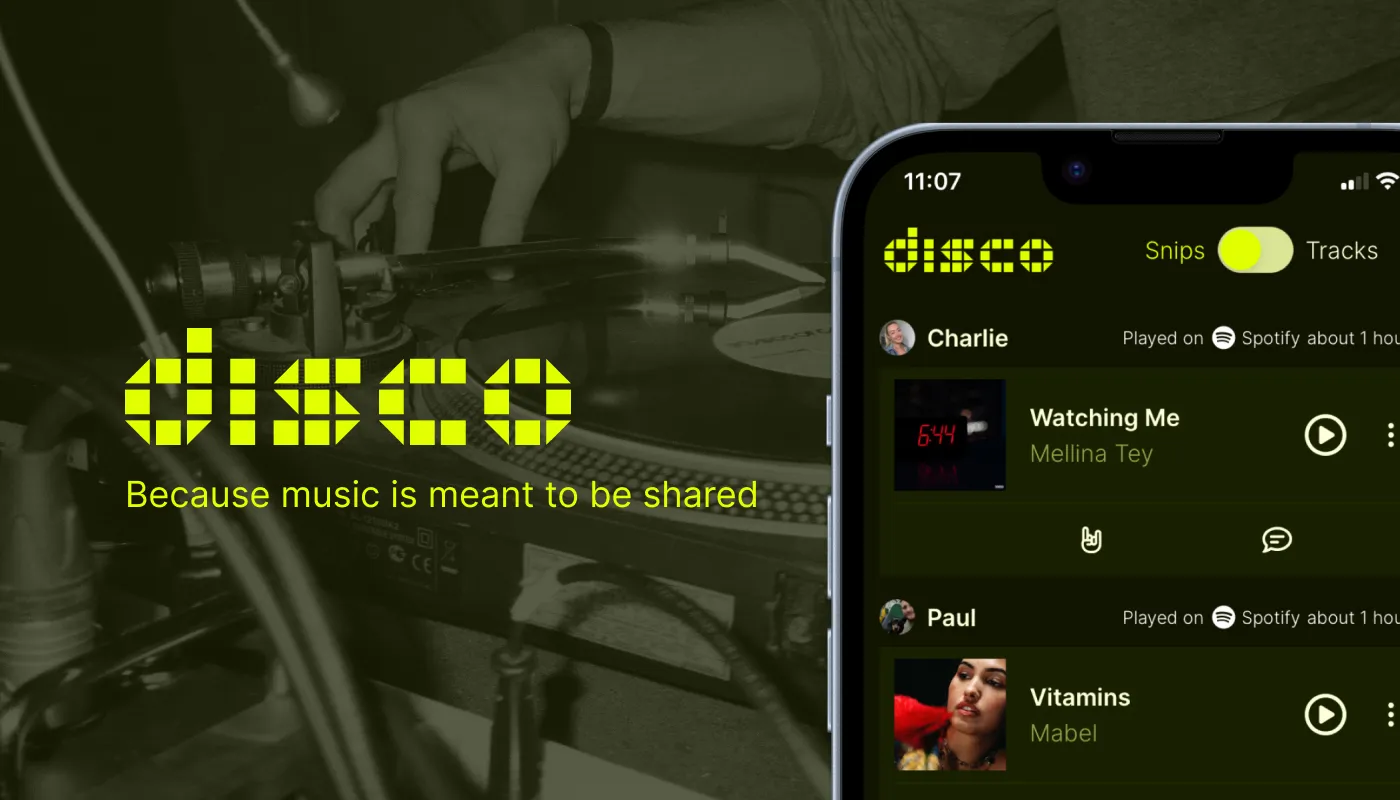 Disco app showing the timeline feed with a vinyl turntable in the background
