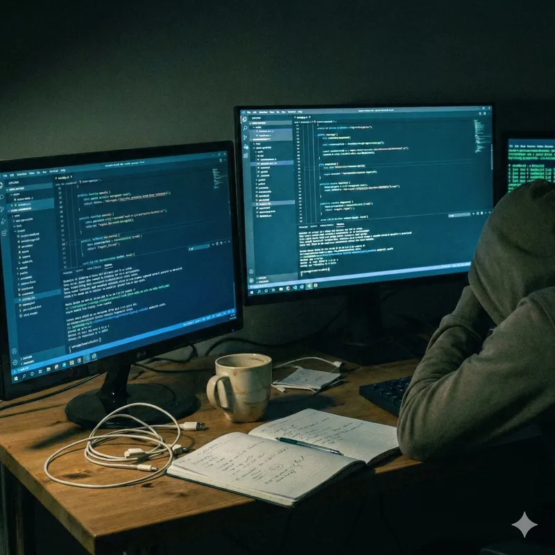 Developer at a desk with multiple monitors showing code