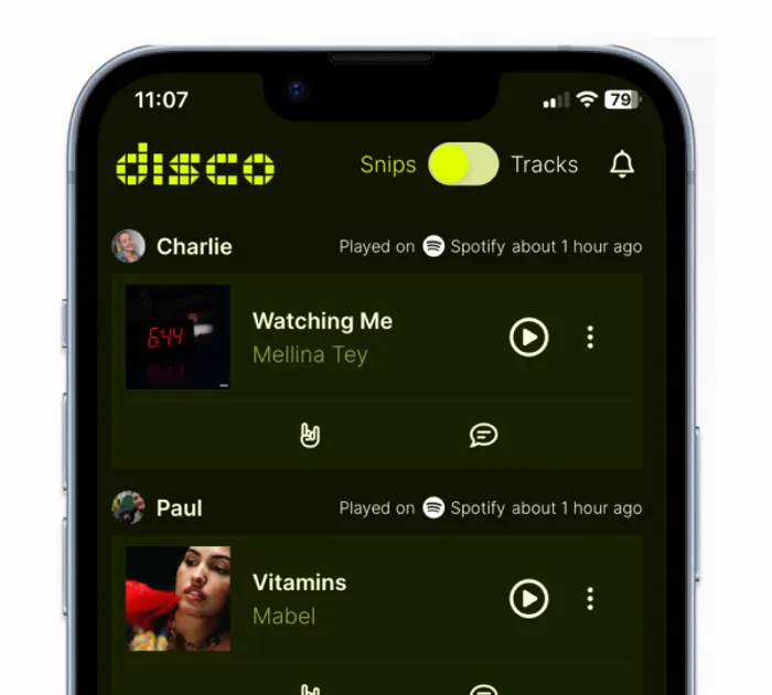 Disco timeline showing a real-time feed of tracks shared by friends
